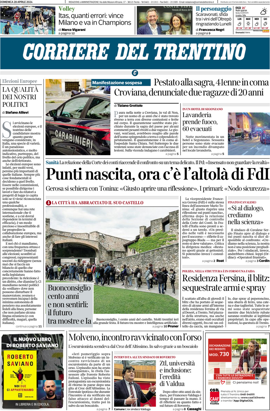 Prima Pagina Corriere del Trentino 28/04/2024