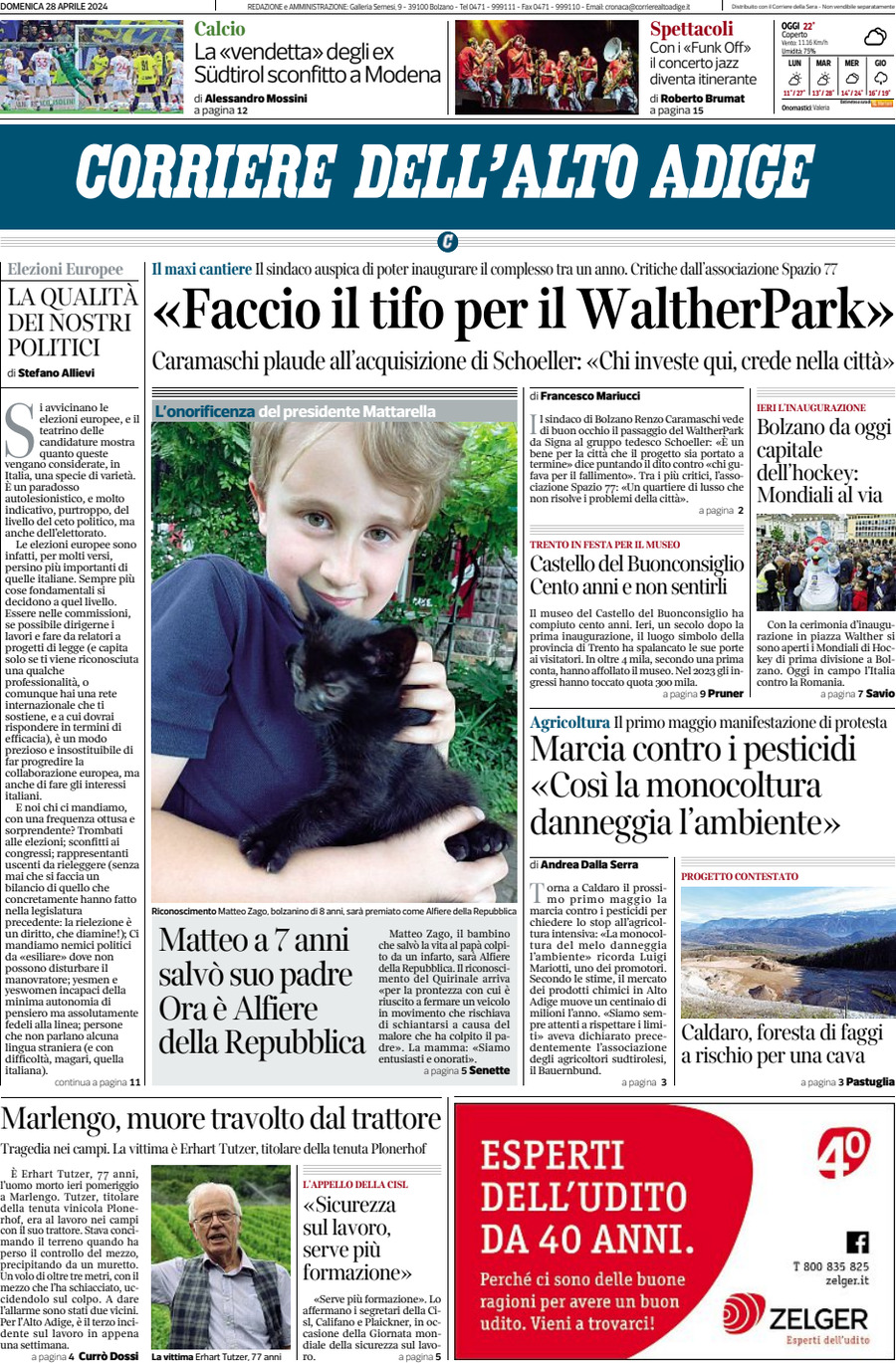 Prima Pagina Corriere dell'Alto Adige 28/04/2024