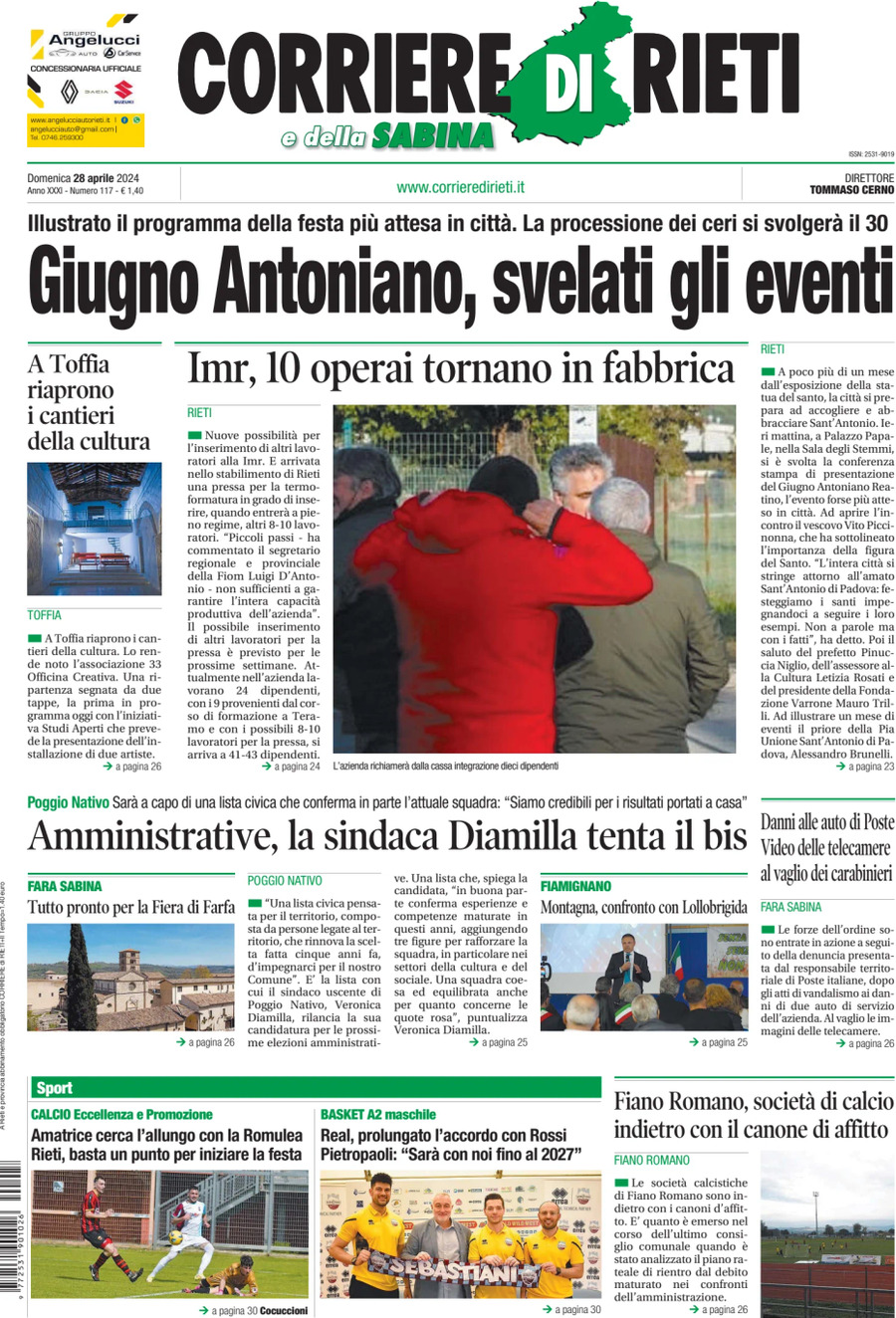 Prima Pagina Corriere di Rieti e della Sabina 28/04/2024