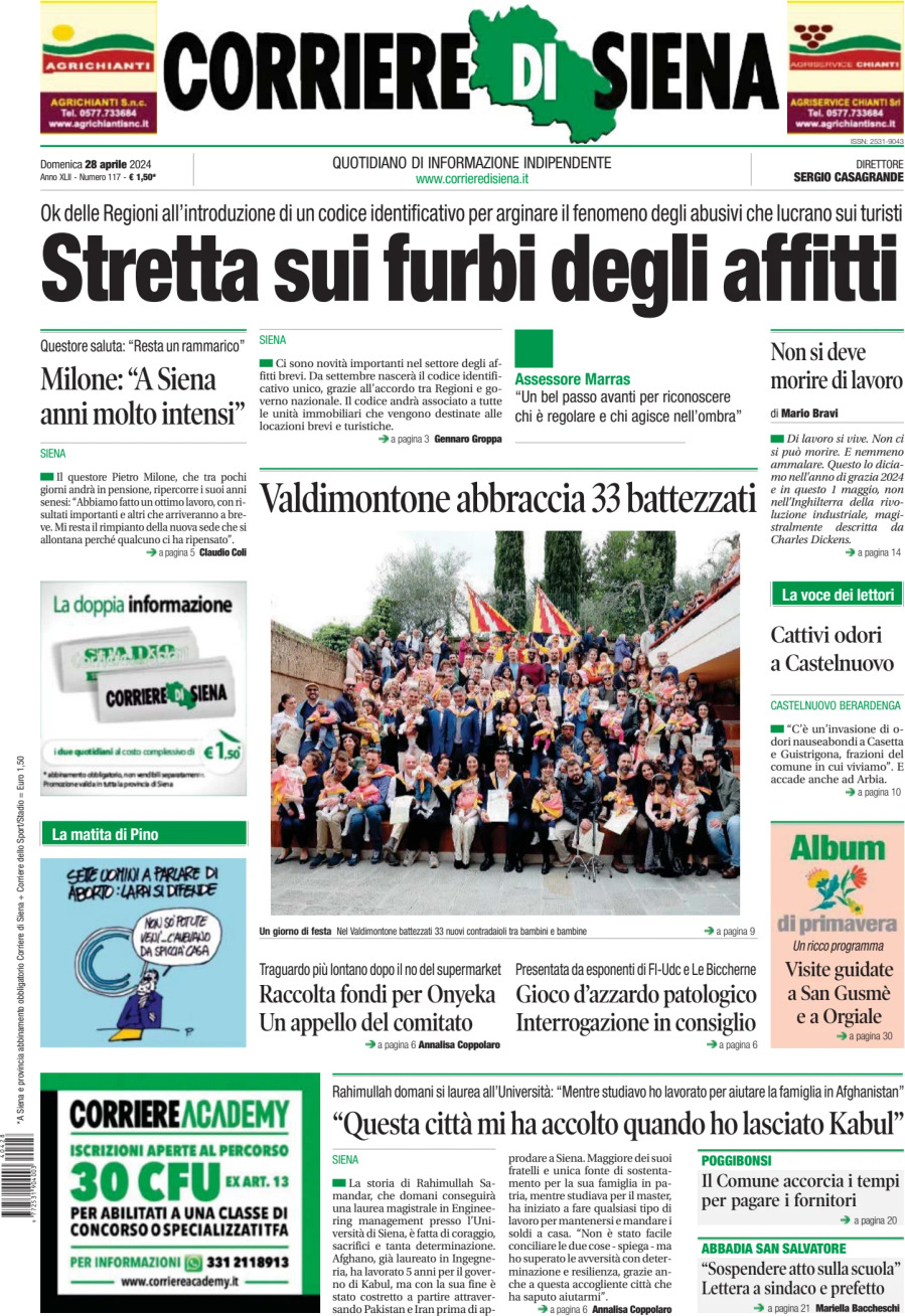 Prima Pagina Corriere di Siena 28/04/2024