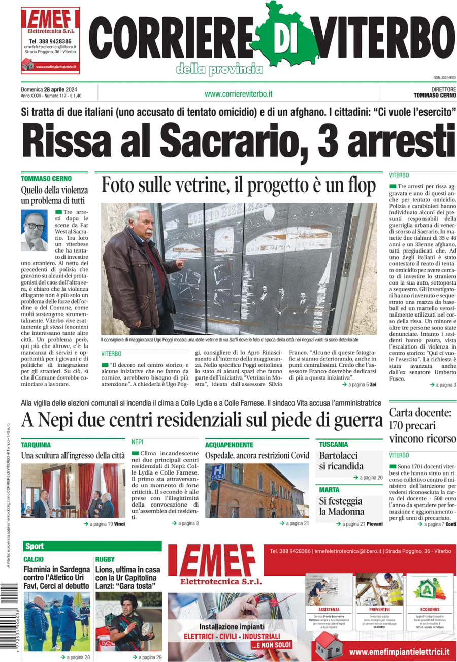 Prima Pagina Corriere di Viterbo 28/04/2024