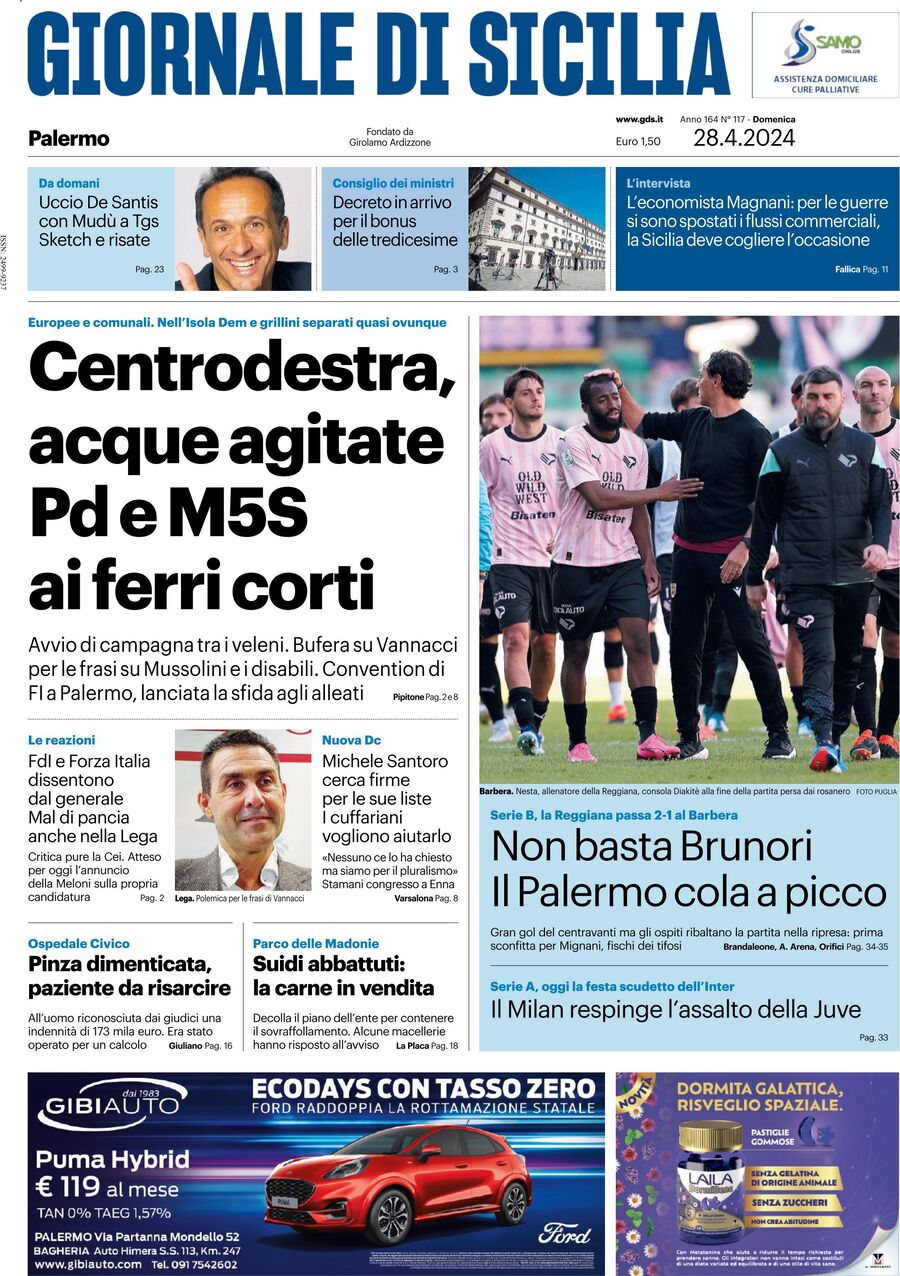 Prima Pagina Giornale di Sicilia (Palermo) 28/04/2024