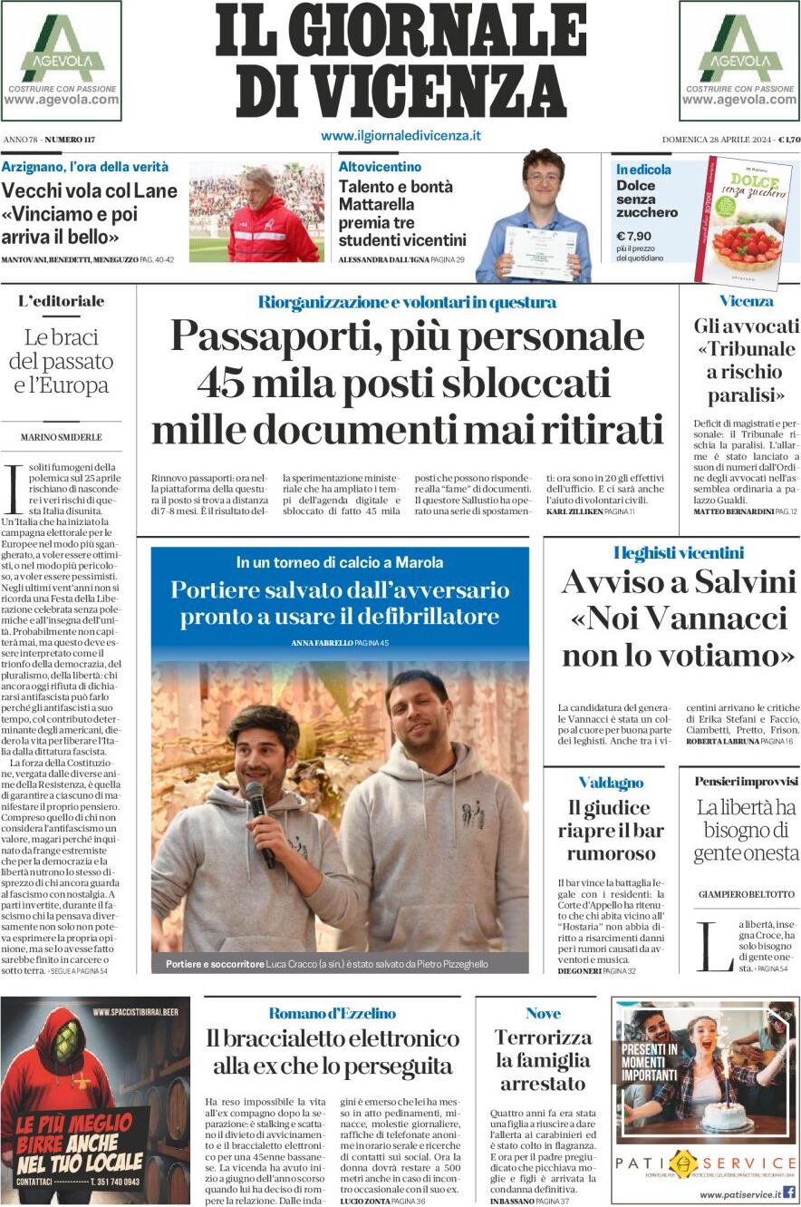 Prima Pagina Il Giornale di Vicenza 28/04/2024