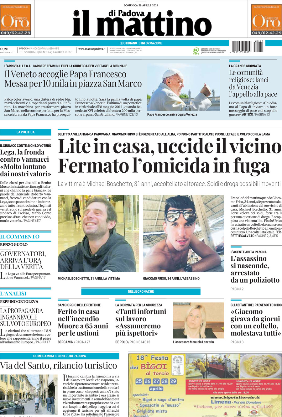 Prima Pagina Il Mattino di Padova 28/04/2024