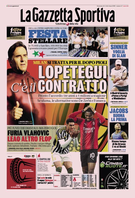 Prima Pagina La Gazzetta dello Sport 28/04/2024