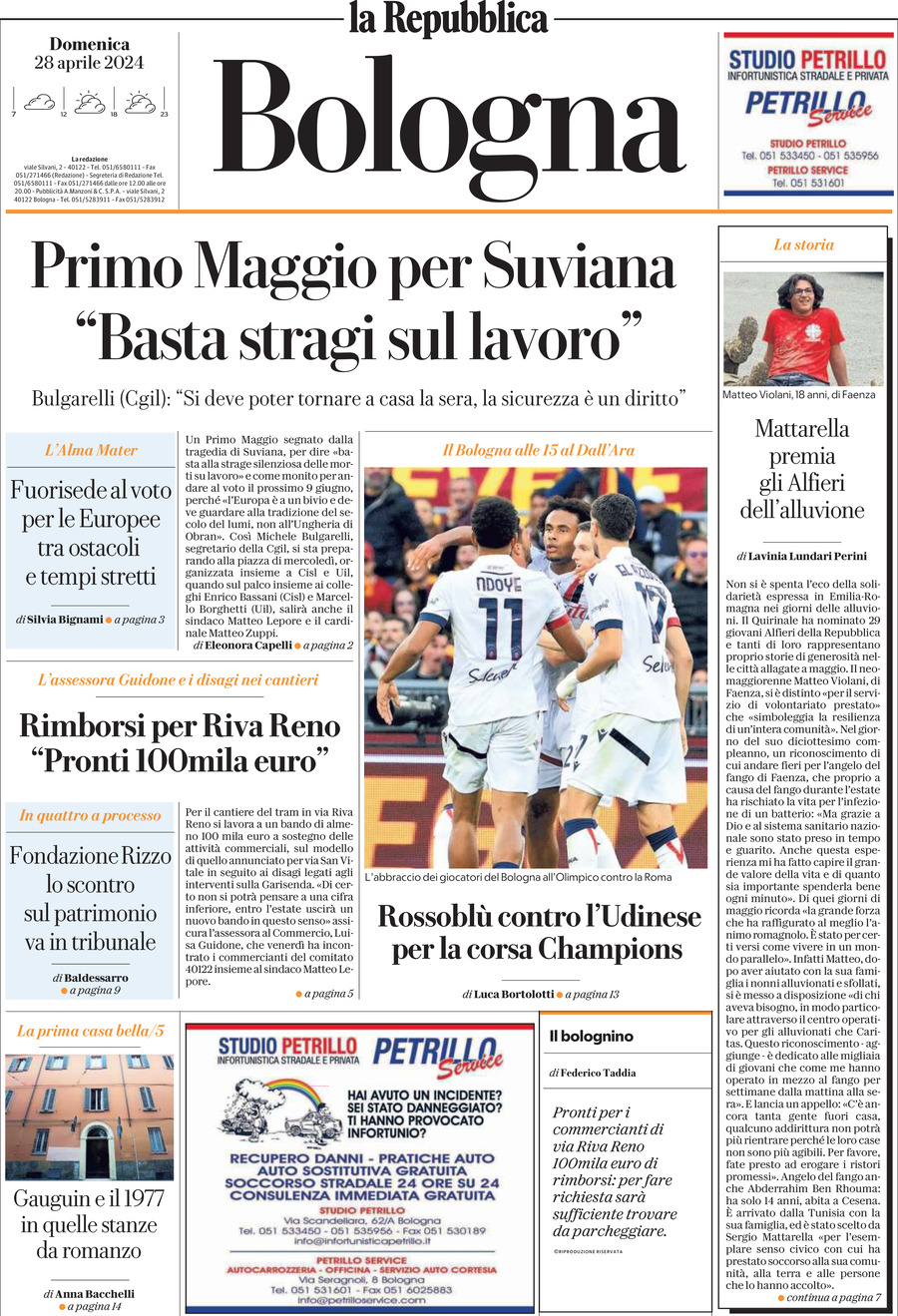 Prima Pagina La Repubblica (Bologna) 28/04/2024