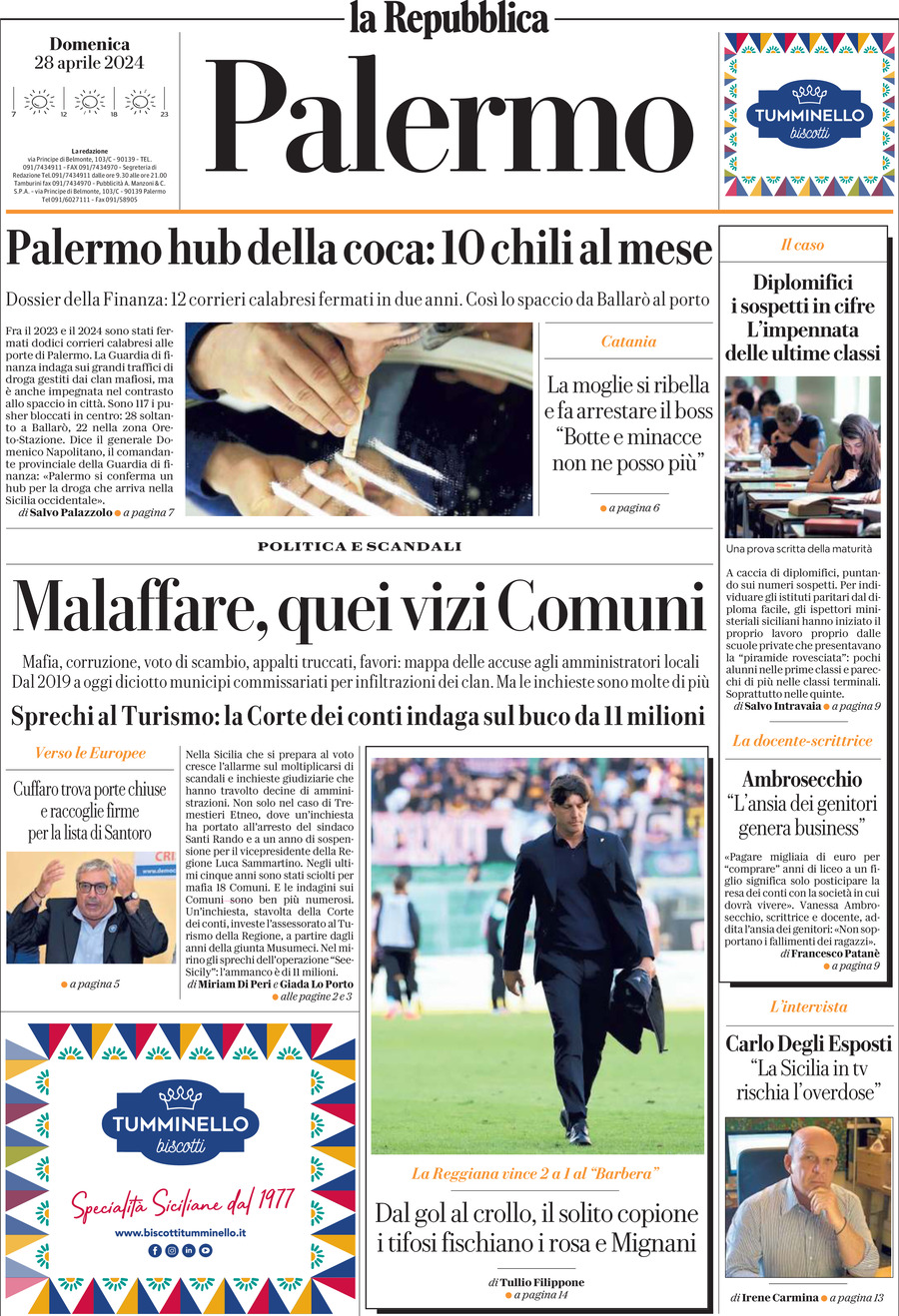 Prima Pagina La Repubblica (Palermo) 28/04/2024