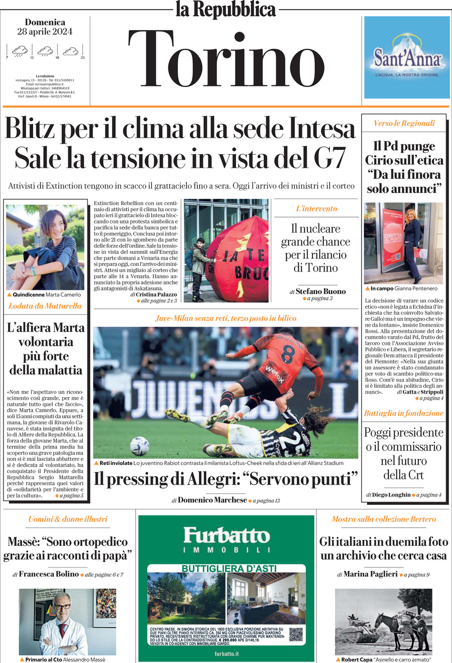Prima Pagina La Repubblica (Torino) 28/04/2024
