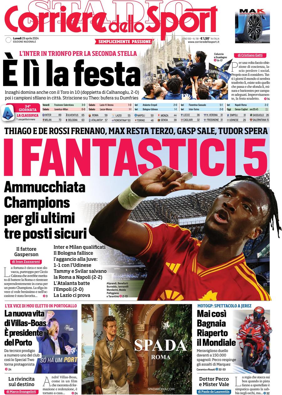 Prima Pagina Corriere dello Sport 29/04/2024