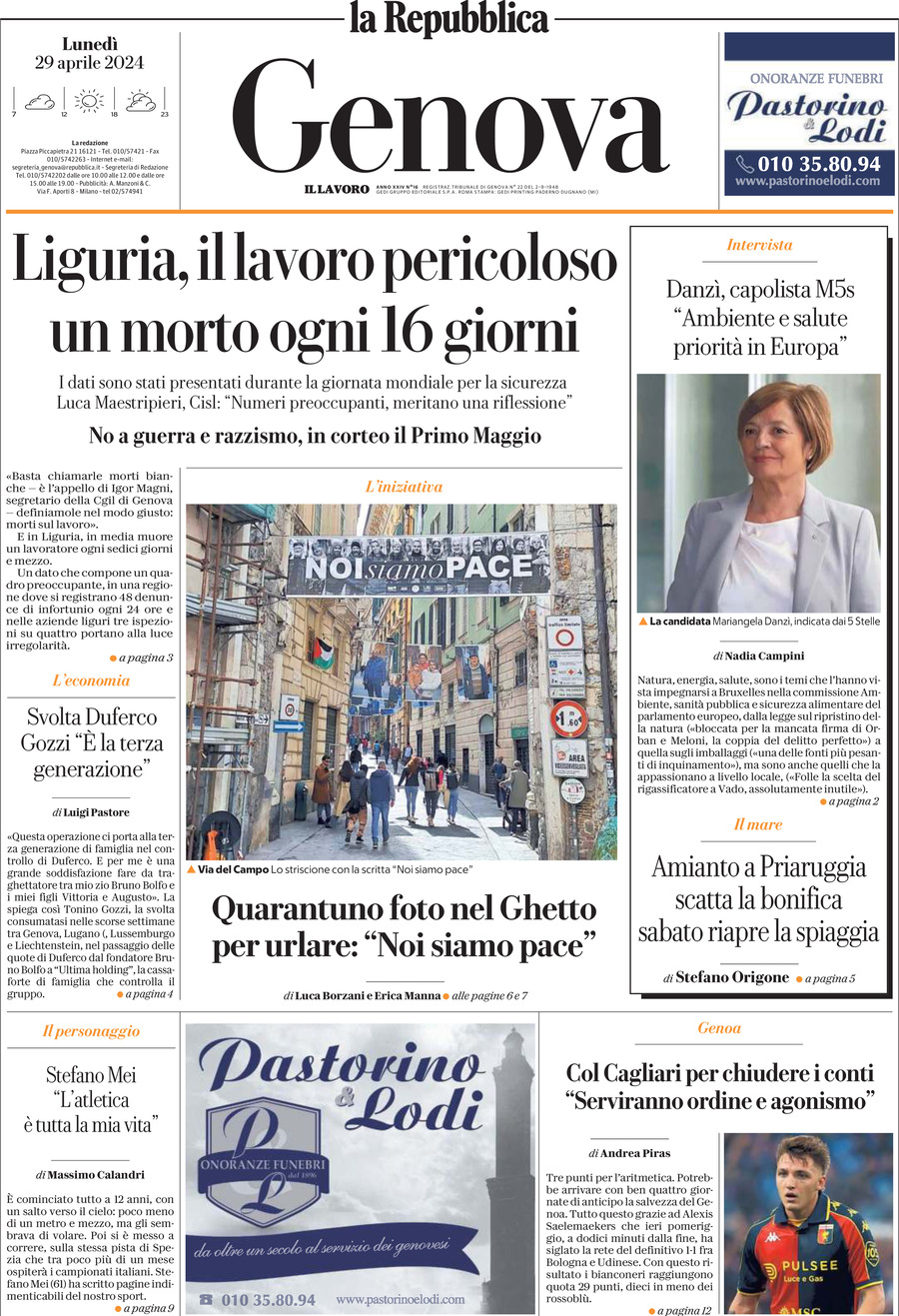 Prima Pagina La Repubblica (Genova) 29/04/2024