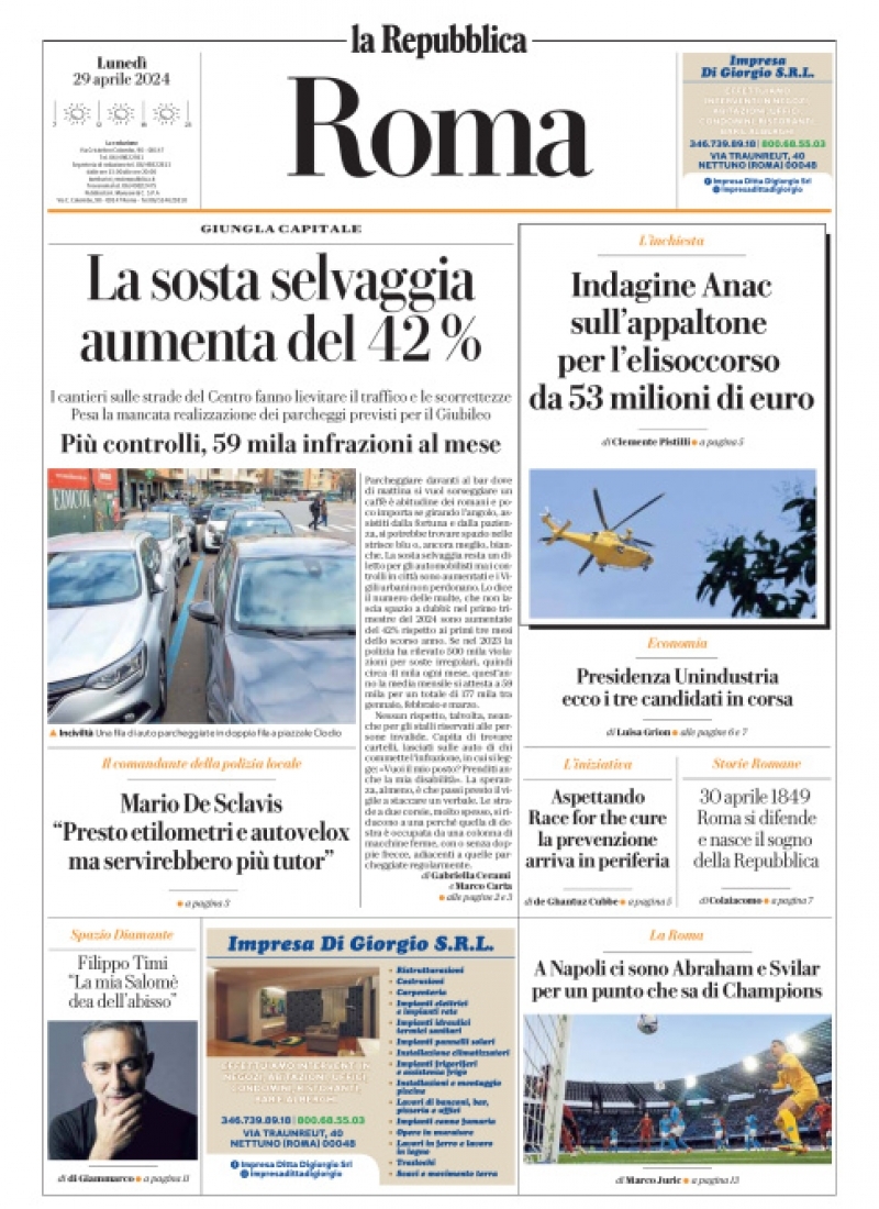 Prima Pagina La Repubblica (Roma) 29/04/2024
