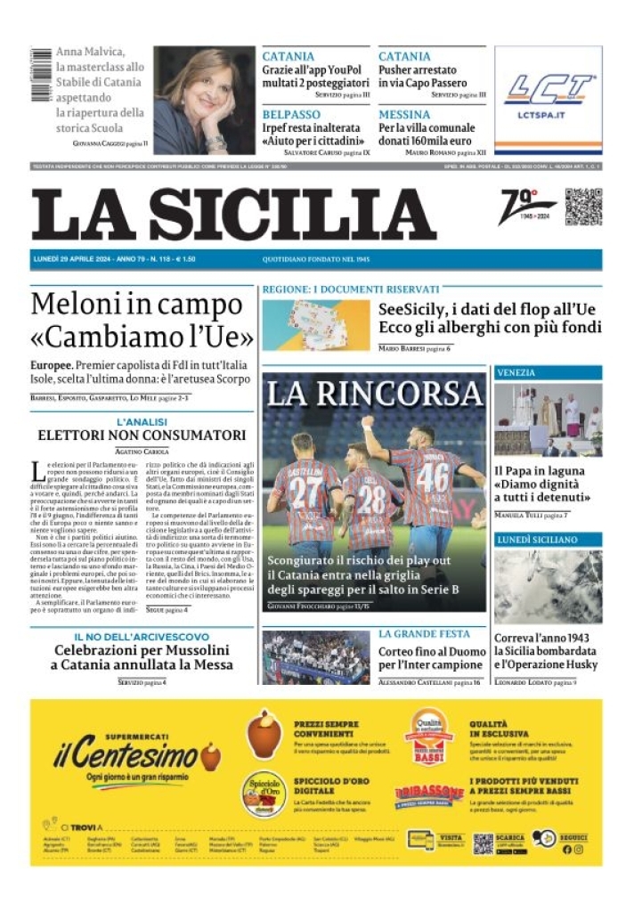 Prima Pagina La Sicilia 29/04/2024