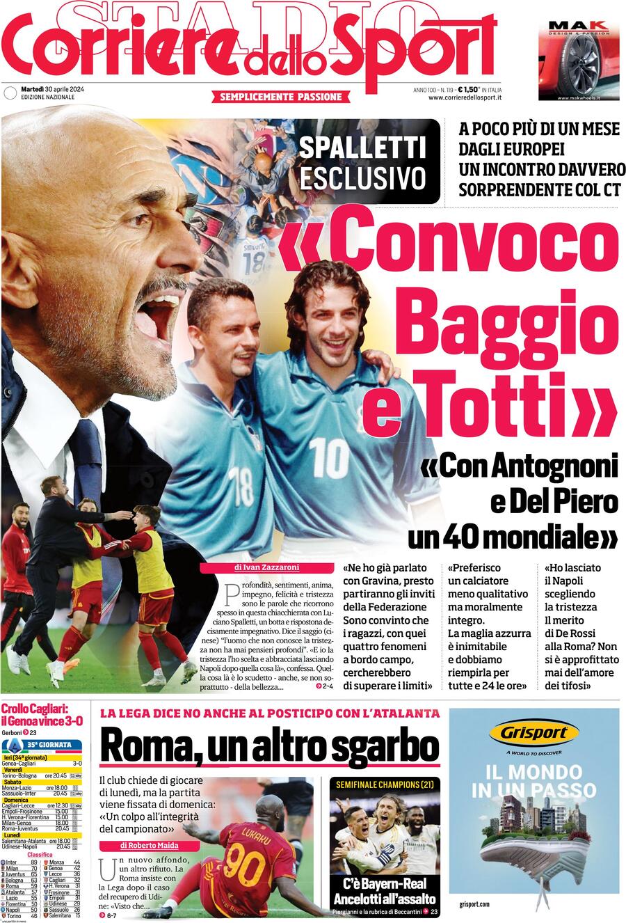 Prima Pagina Corriere dello Sport 30/04/2024