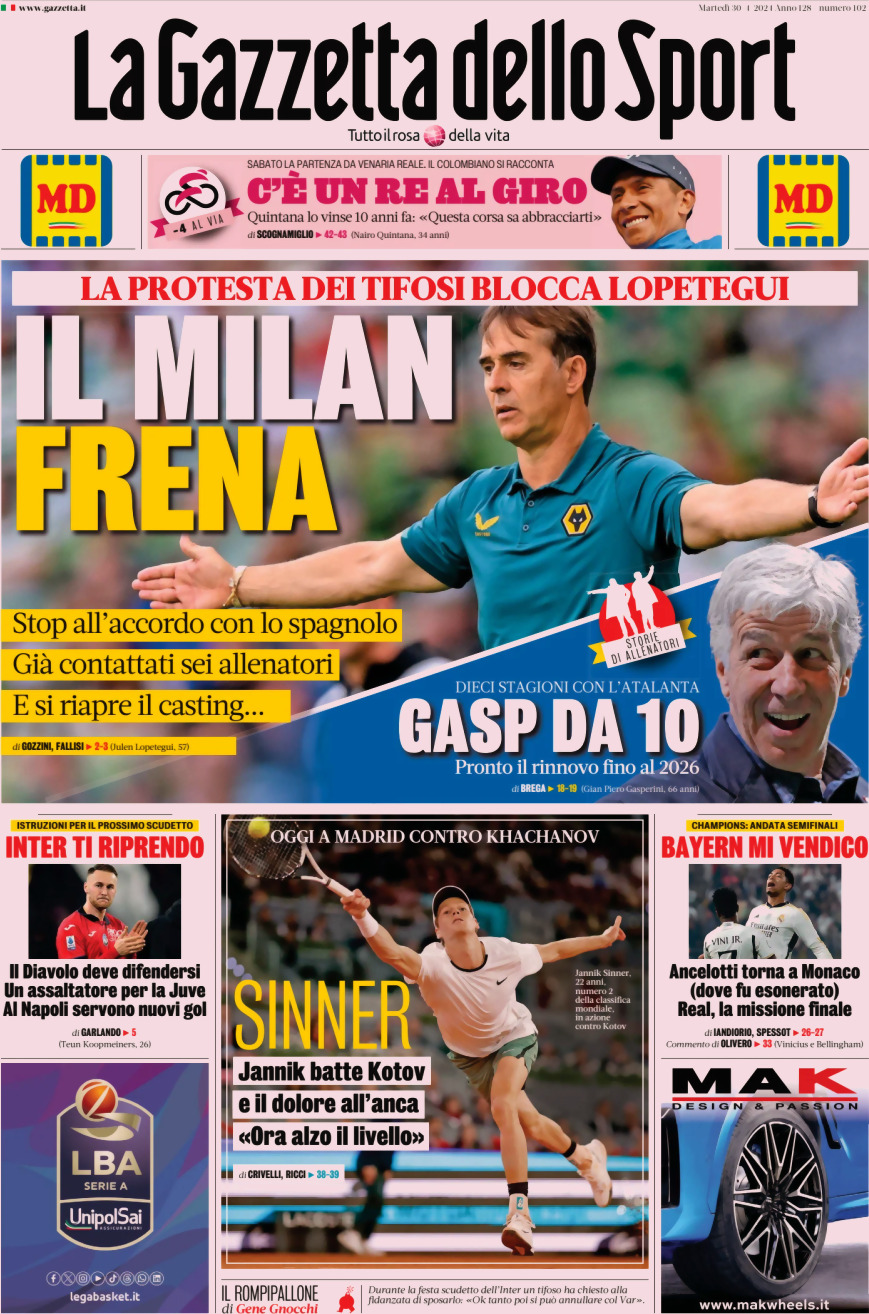 Prima Pagina La Gazzetta dello Sport 30/04/2024