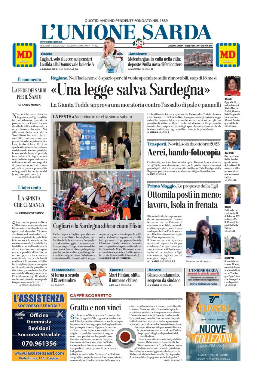 Prima Pagina L'Unione Sarda 01/05/2024