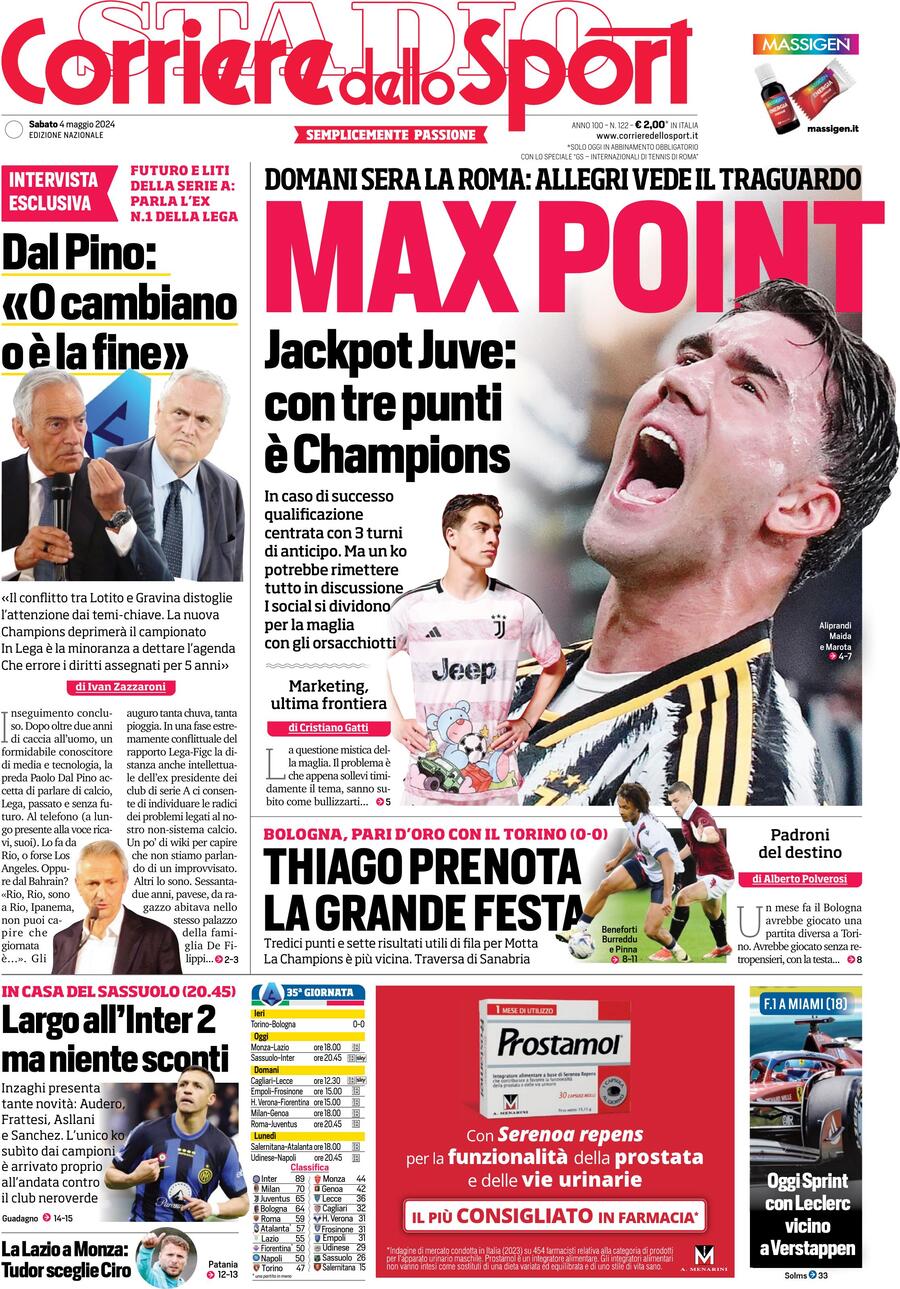 Prima Pagina Corriere dello Sport 04/05/2024