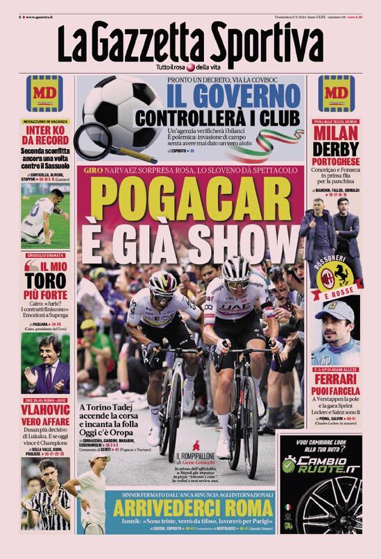 Prima Pagina La Gazzetta dello Sport 05/05/2024