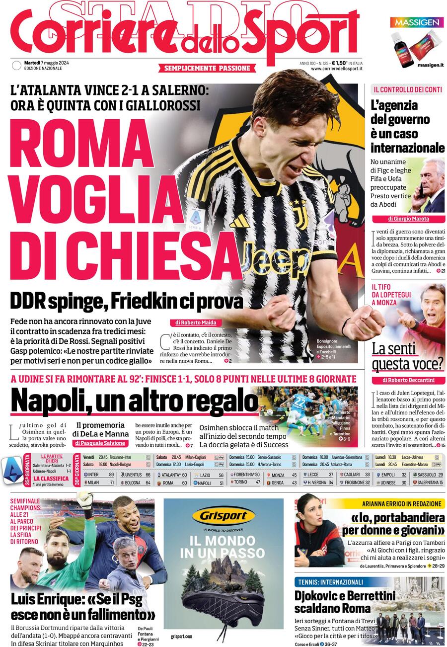 Prima Pagina Corriere dello Sport 07/05/2024
