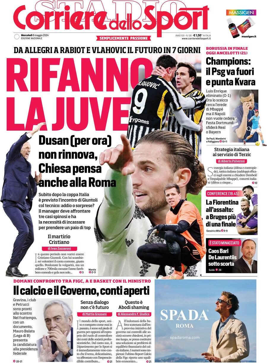 Prima Pagina Corriere dello Sport 08/05/2024