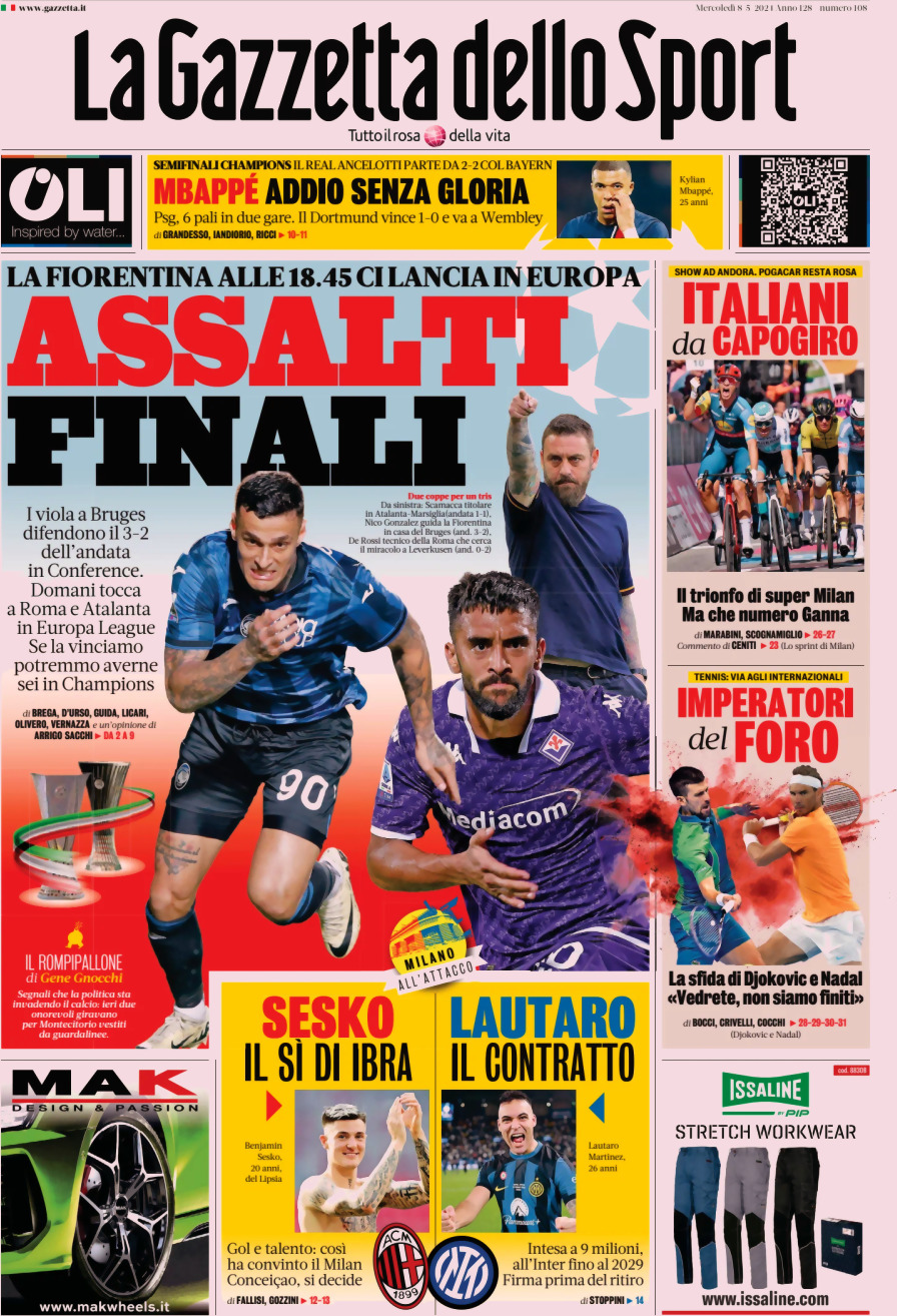 Prima Pagina La Gazzetta dello Sport 08/05/2024