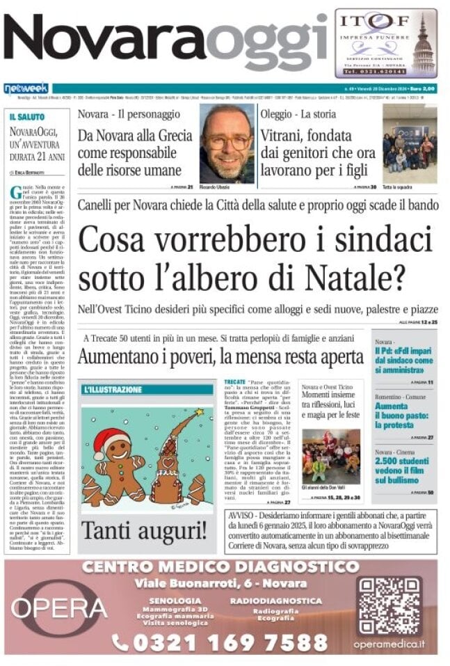 Copertina Novara Oggi 20/12/2024