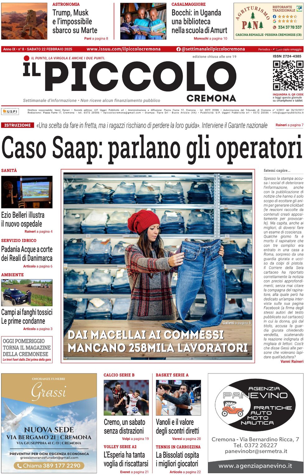 Copertina Il Piccolo (Cremona) 22/02/2025