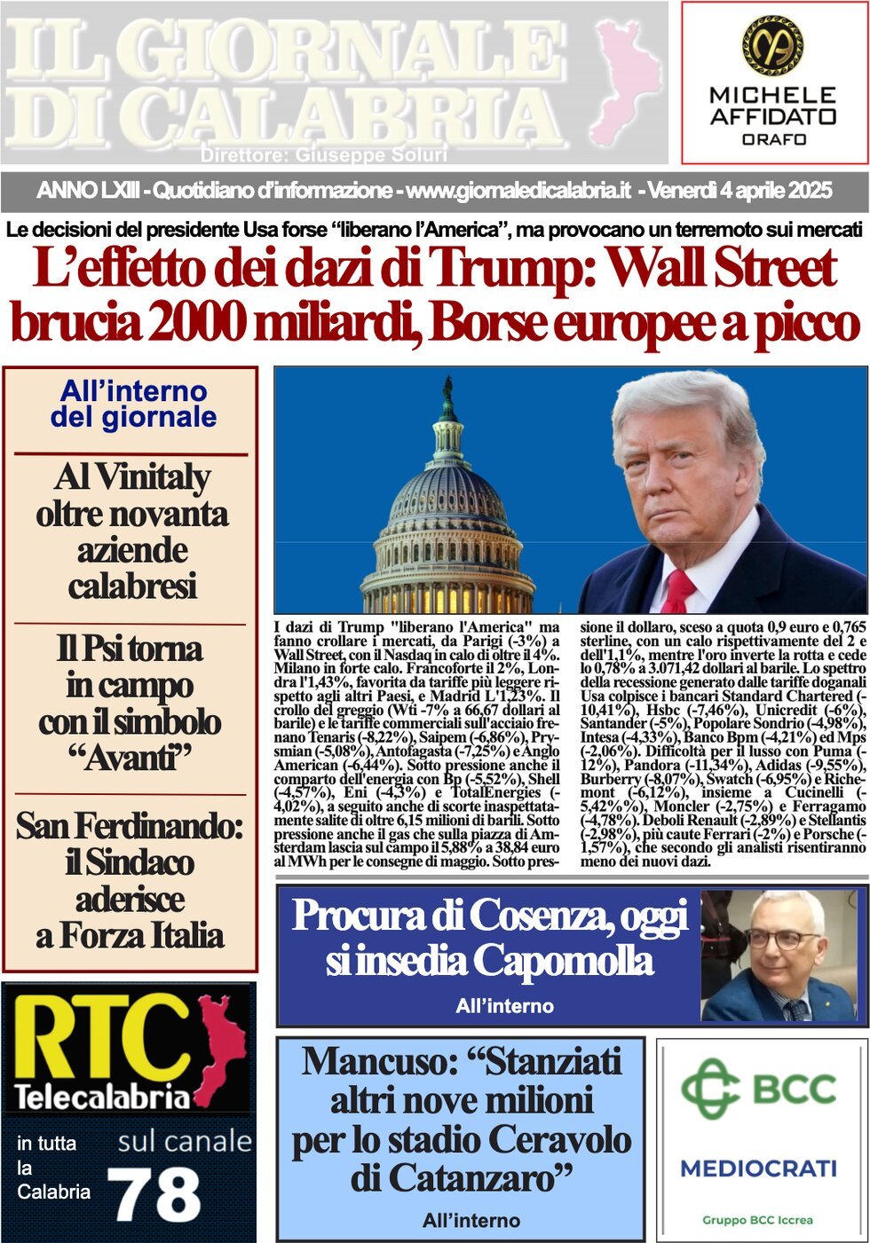 Prima Pagina Il Giornale di Calabria 04/04/2025