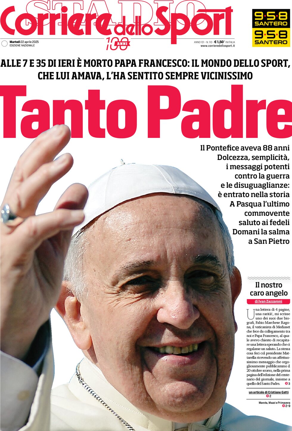 Prima Pagina Corriere dello Sport 22/04/2025