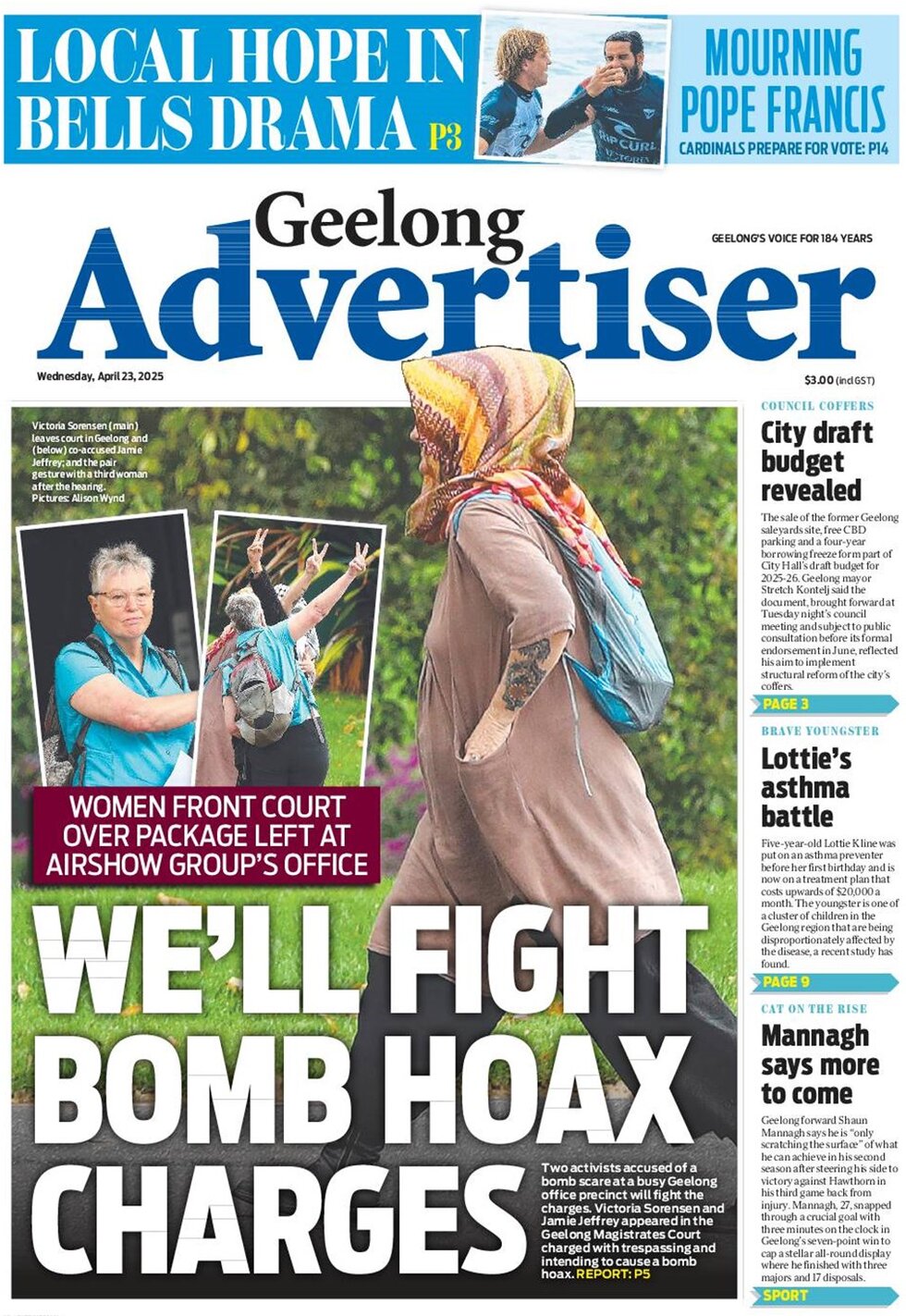 Prima Pagina Geelong Advertiser 23/04/2025