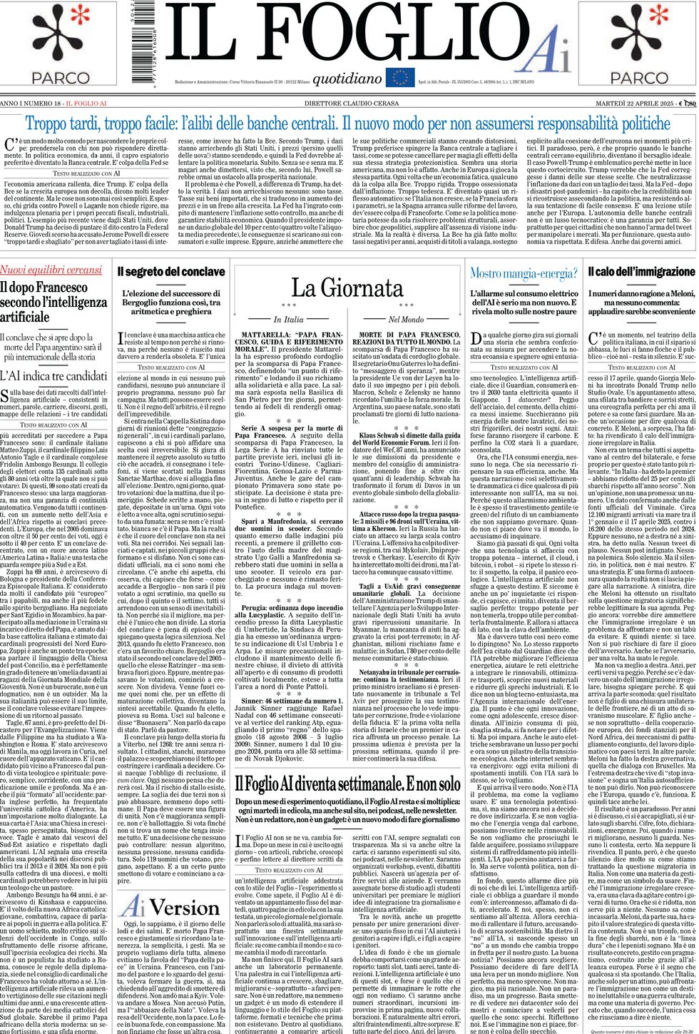 Prima Pagina Il Foglio AI 22/04/2025