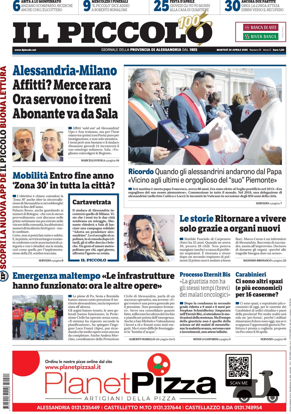Prima Pagina Il Piccolo (Alessandria) 22/04/2025