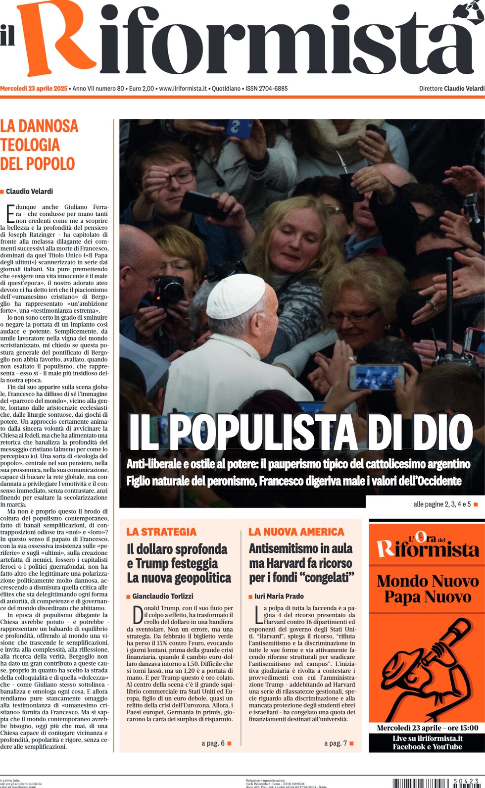 Prima Pagina Il Riformista 23/04/2025