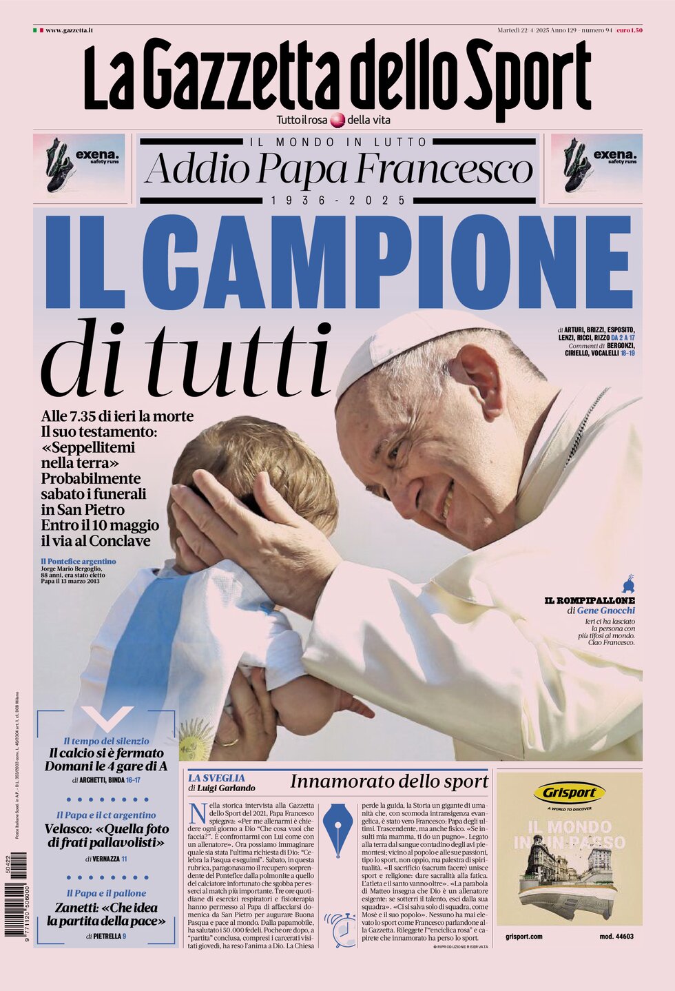 Prima Pagina La Gazzetta dello Sport 22/04/2025