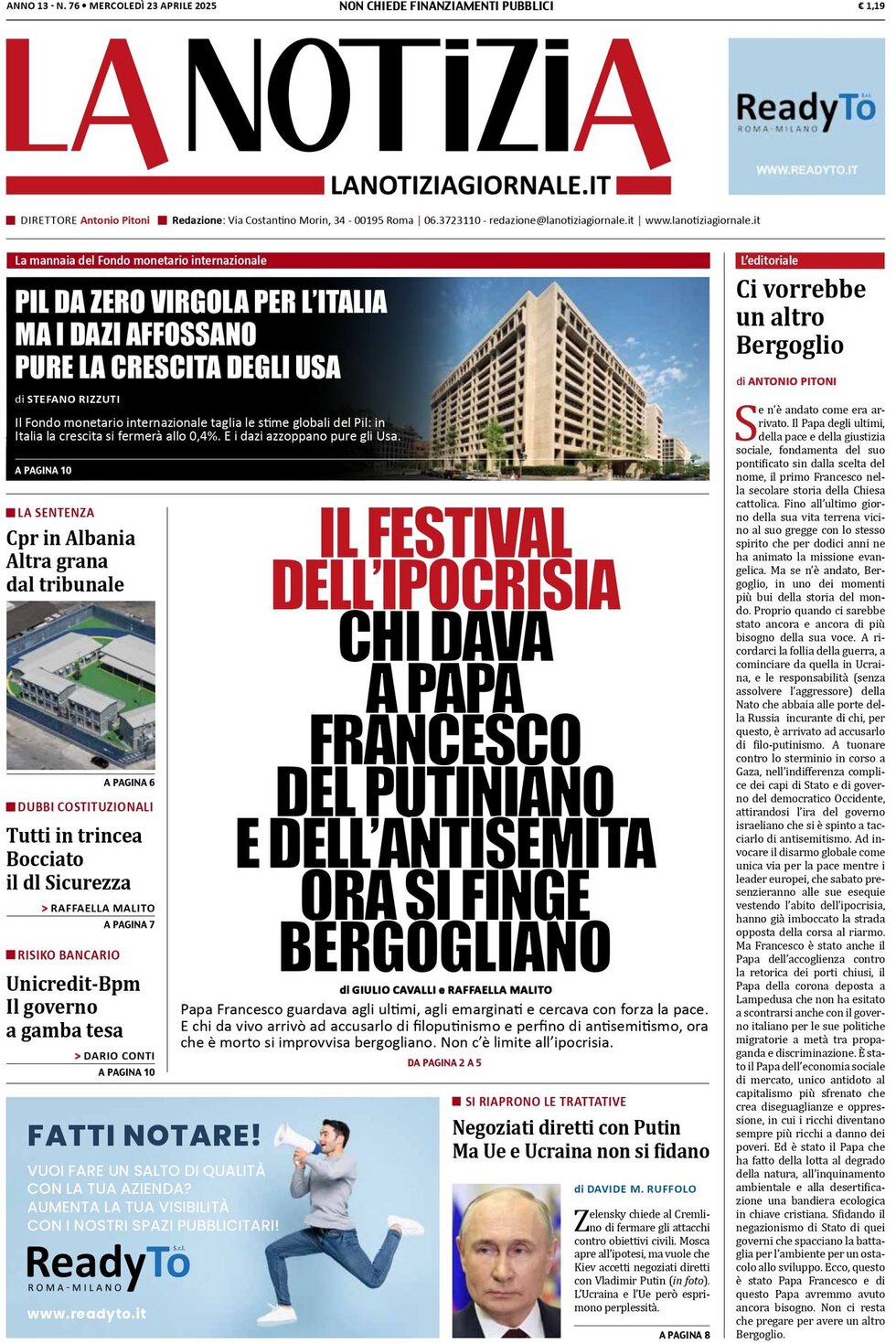 Prima Pagina La Notizia 23/04/2025