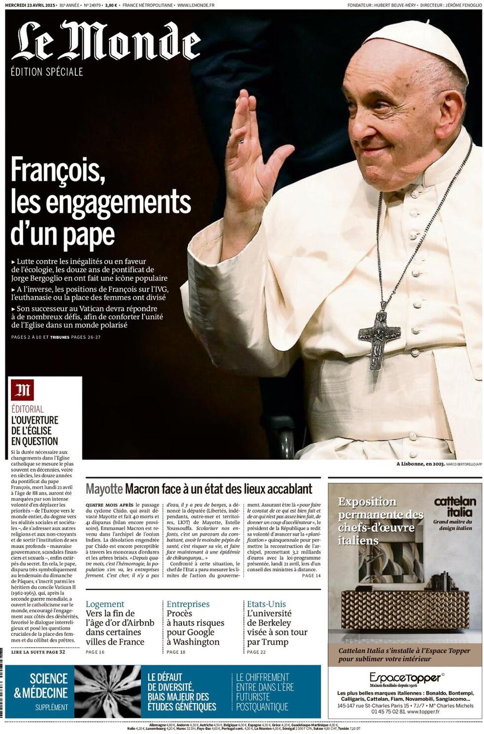 Prima Pagina Le Monde 23/04/2025
