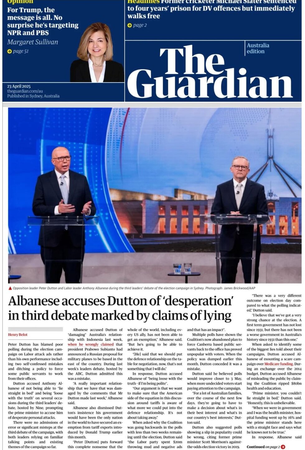 Prima Pagina The Guardian Australia 23/04/2025