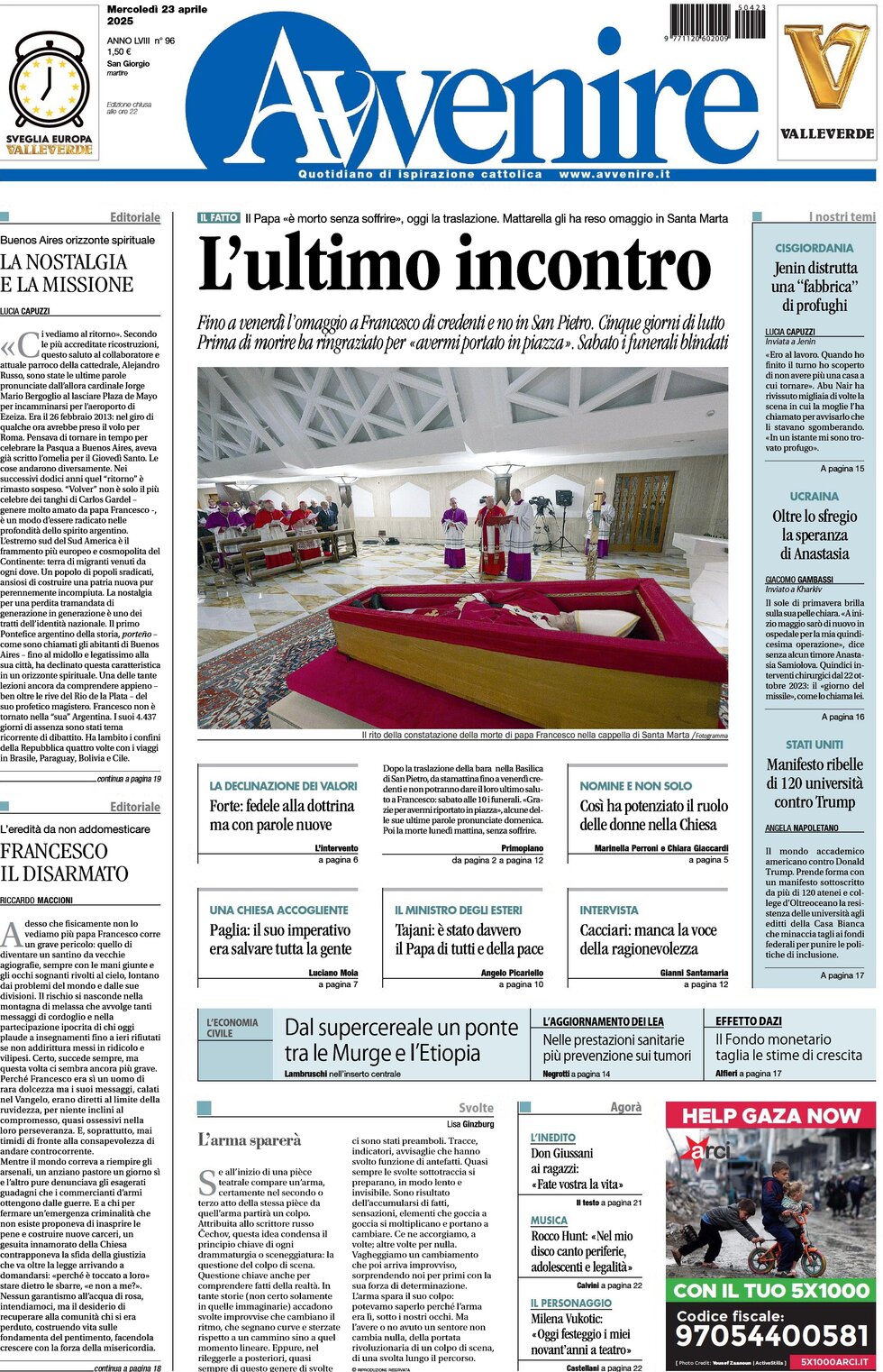 Prima Pagina Avvenire 23/04/2025