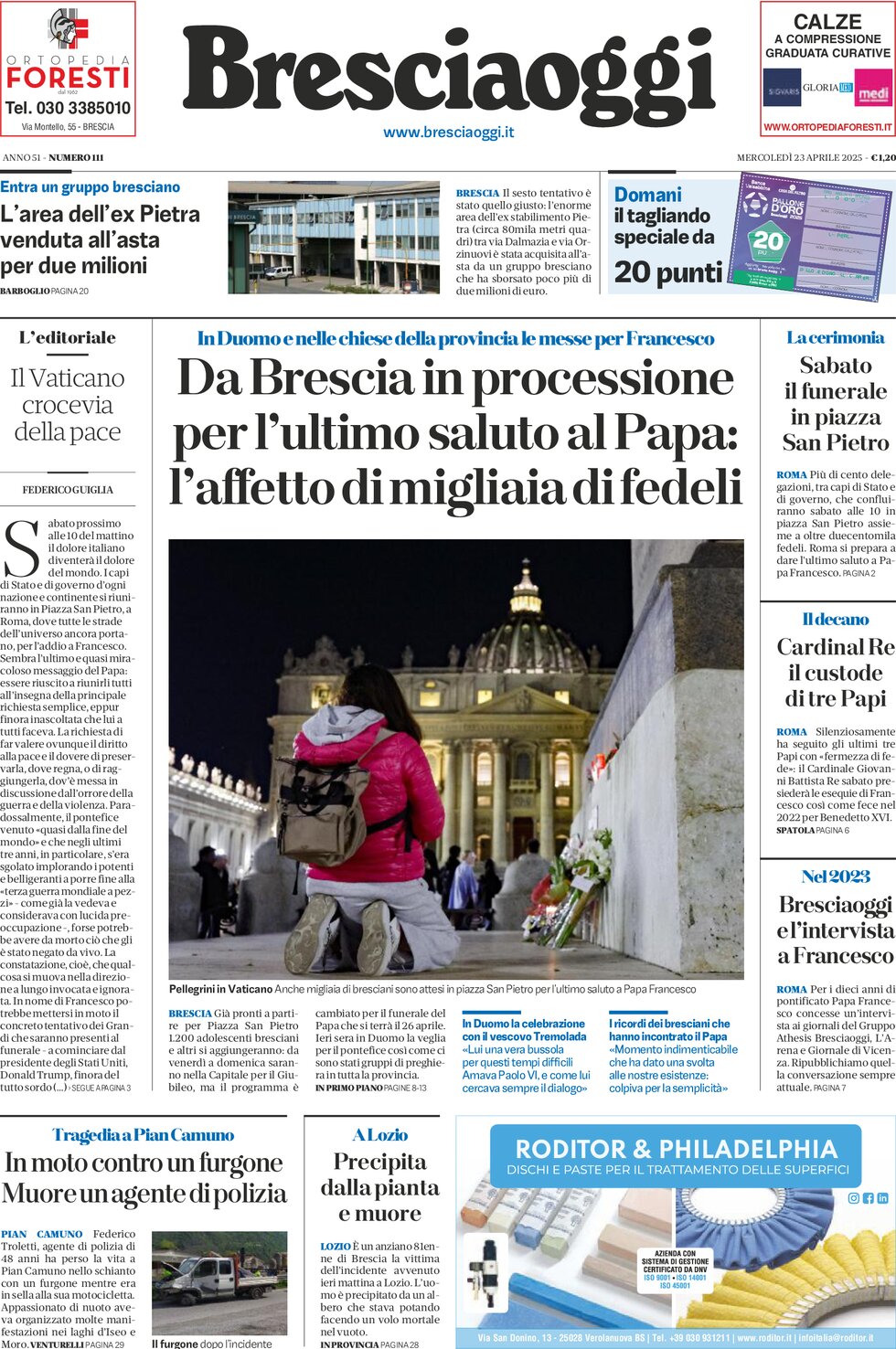 Prima Pagina Brescia Oggi 23/04/2025