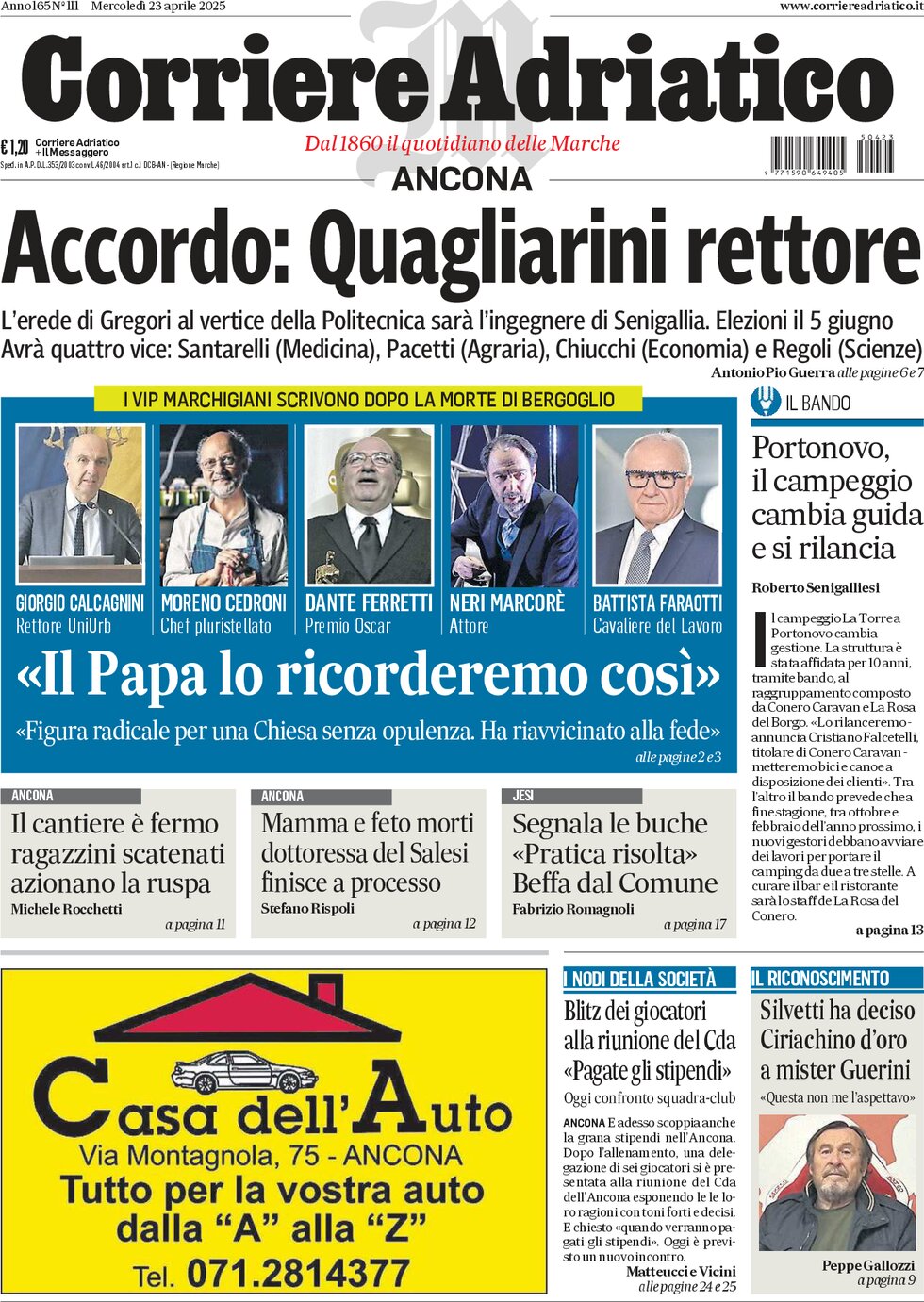 Prima Pagina Corriere Adriatico (Ancona) 23/04/2025