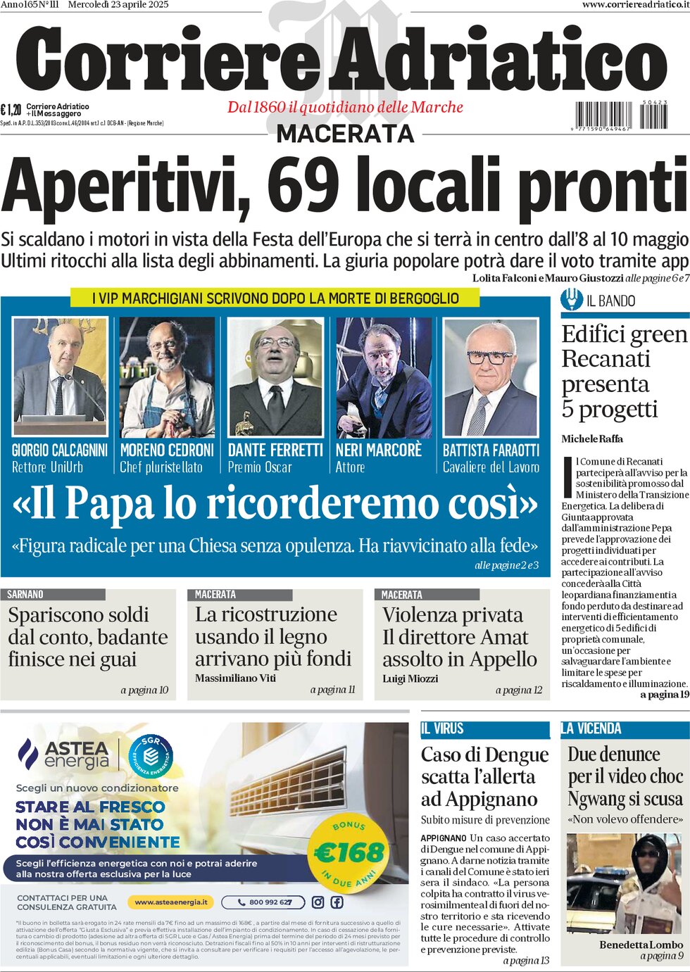 Prima Pagina Corriere Adriatico (Macerata) 23/04/2025
