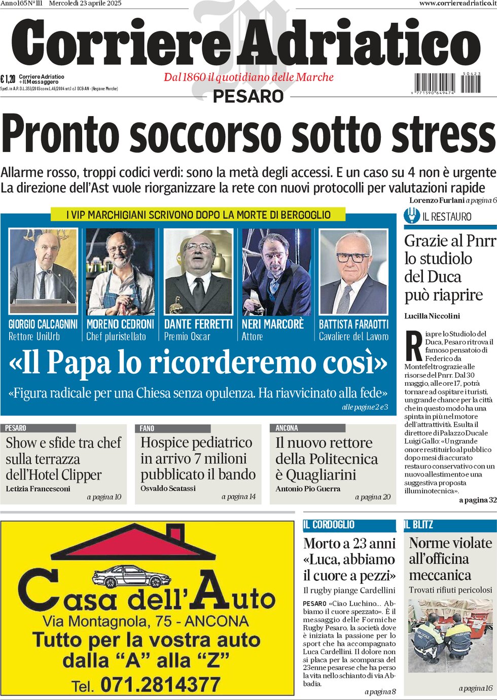 Prima Pagina Corriere Adriatico (Pesaro) 23/04/2025