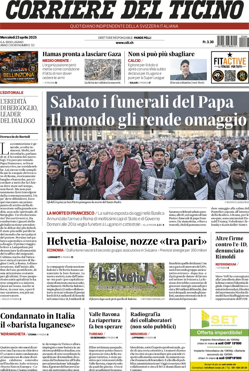 Prima Pagina Corriere del Ticino 23/04/2025