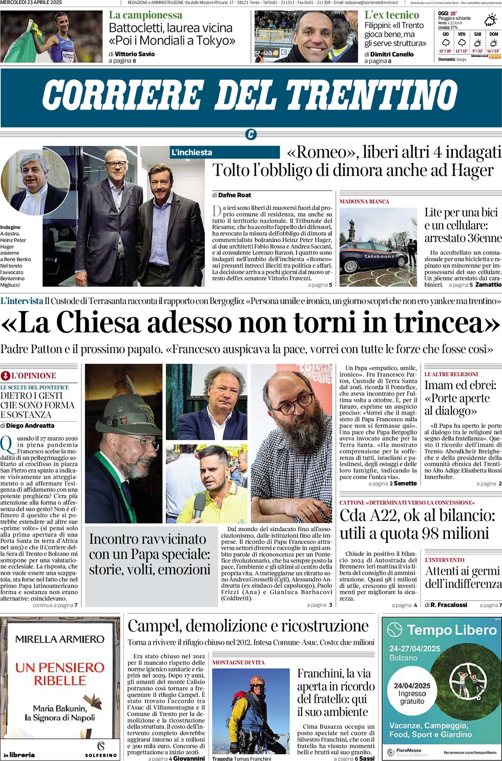 Prima Pagina Corriere del Trentino 23/04/2025