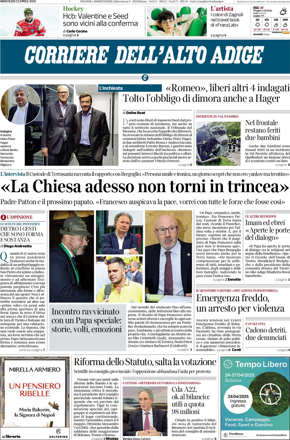 Prima Pagina Corriere dell'Alto Adige 23/04/2025