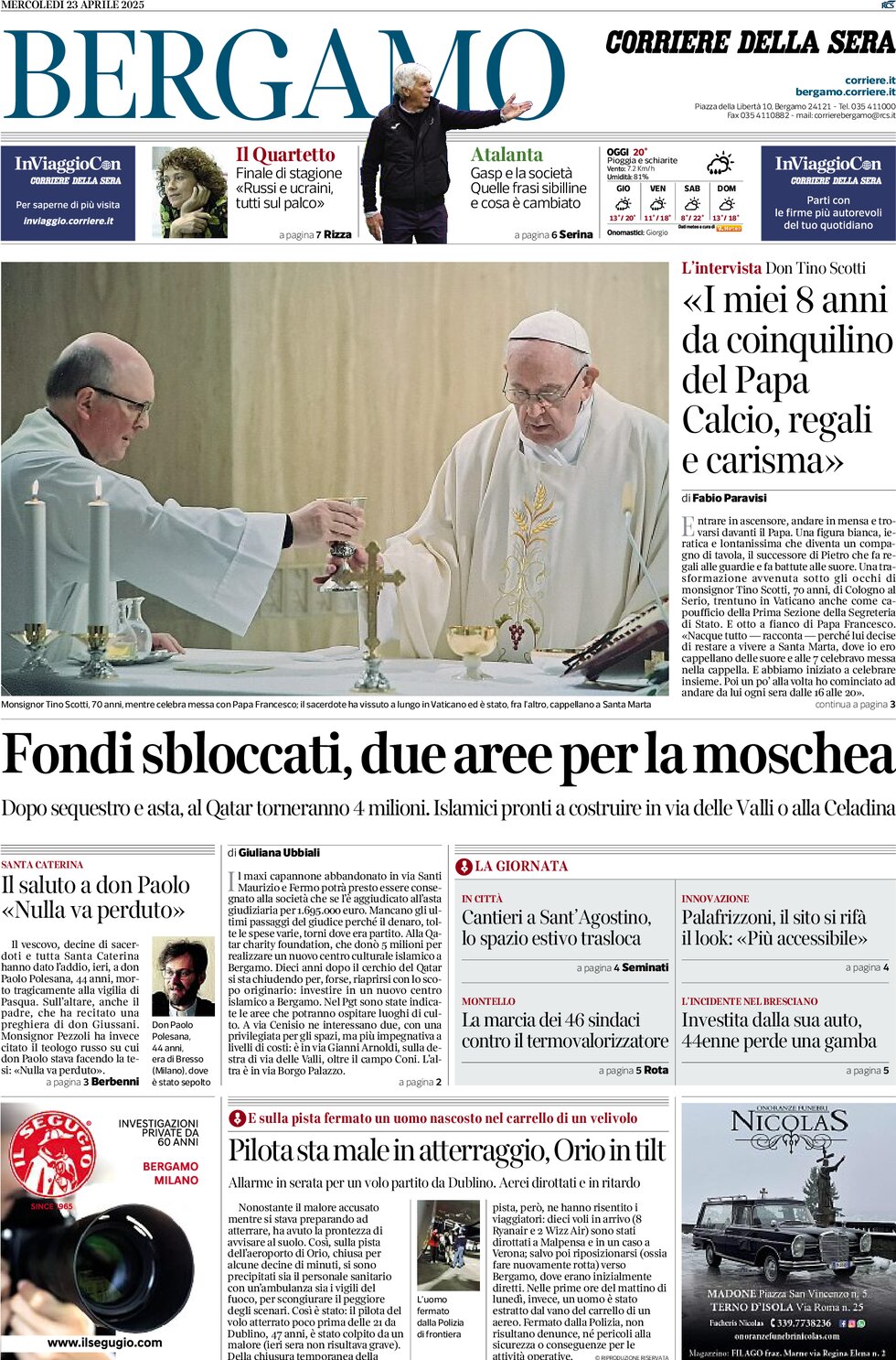 Prima Pagina Corriere della Sera (Bergamo) 23/04/2025