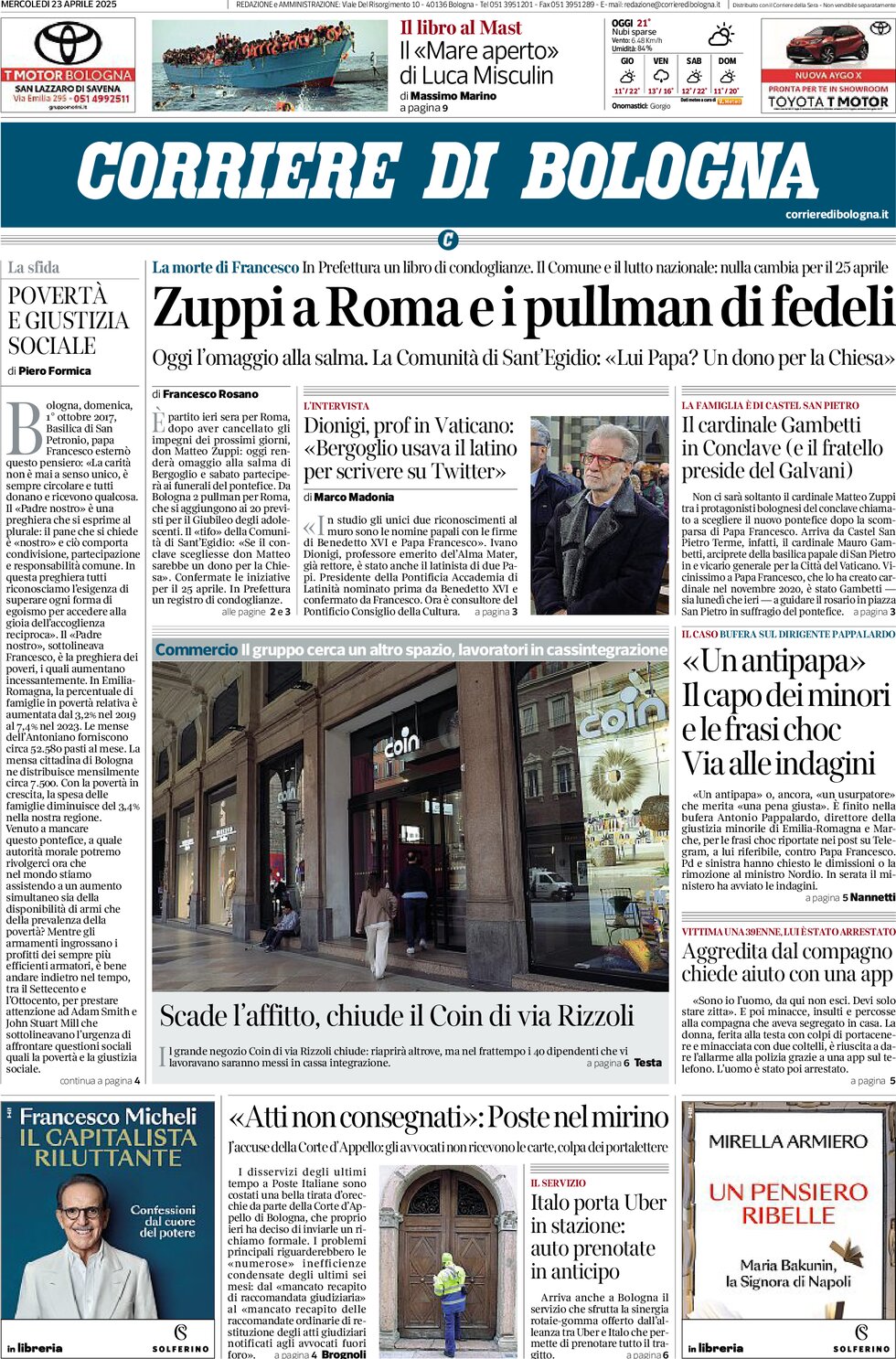 Prima Pagina Corriere di Bologna 23/04/2025