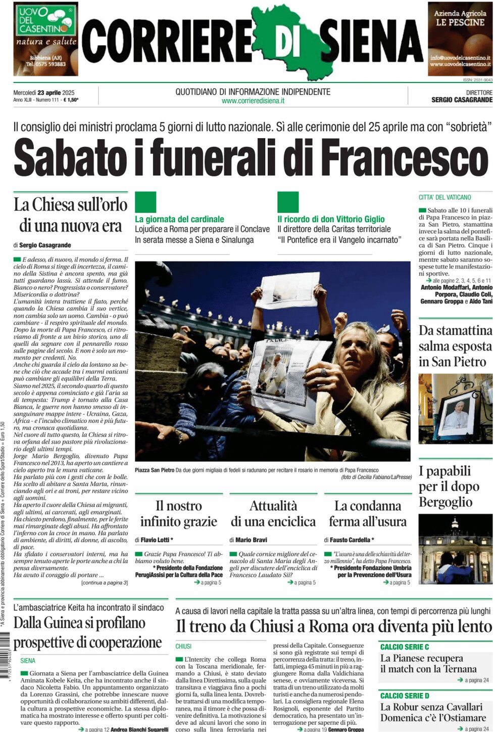 Prima Pagina Corriere di Siena 23/04/2025