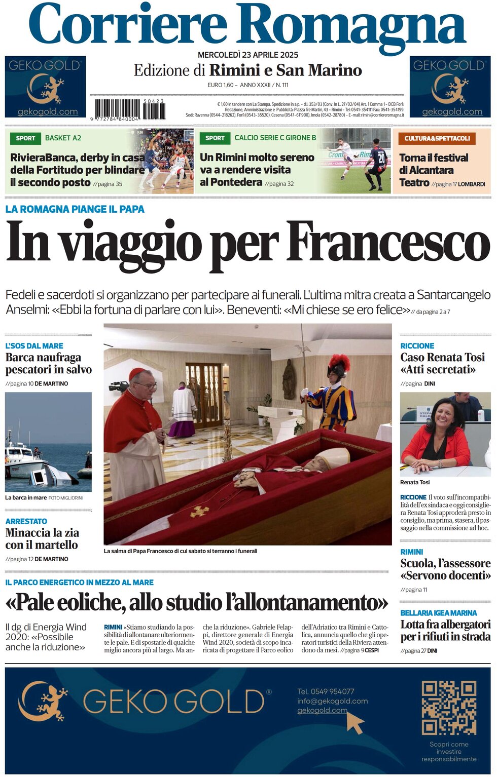 Prima Pagina Corriere Romagna (Rimini e San Marino) 23/04/2025