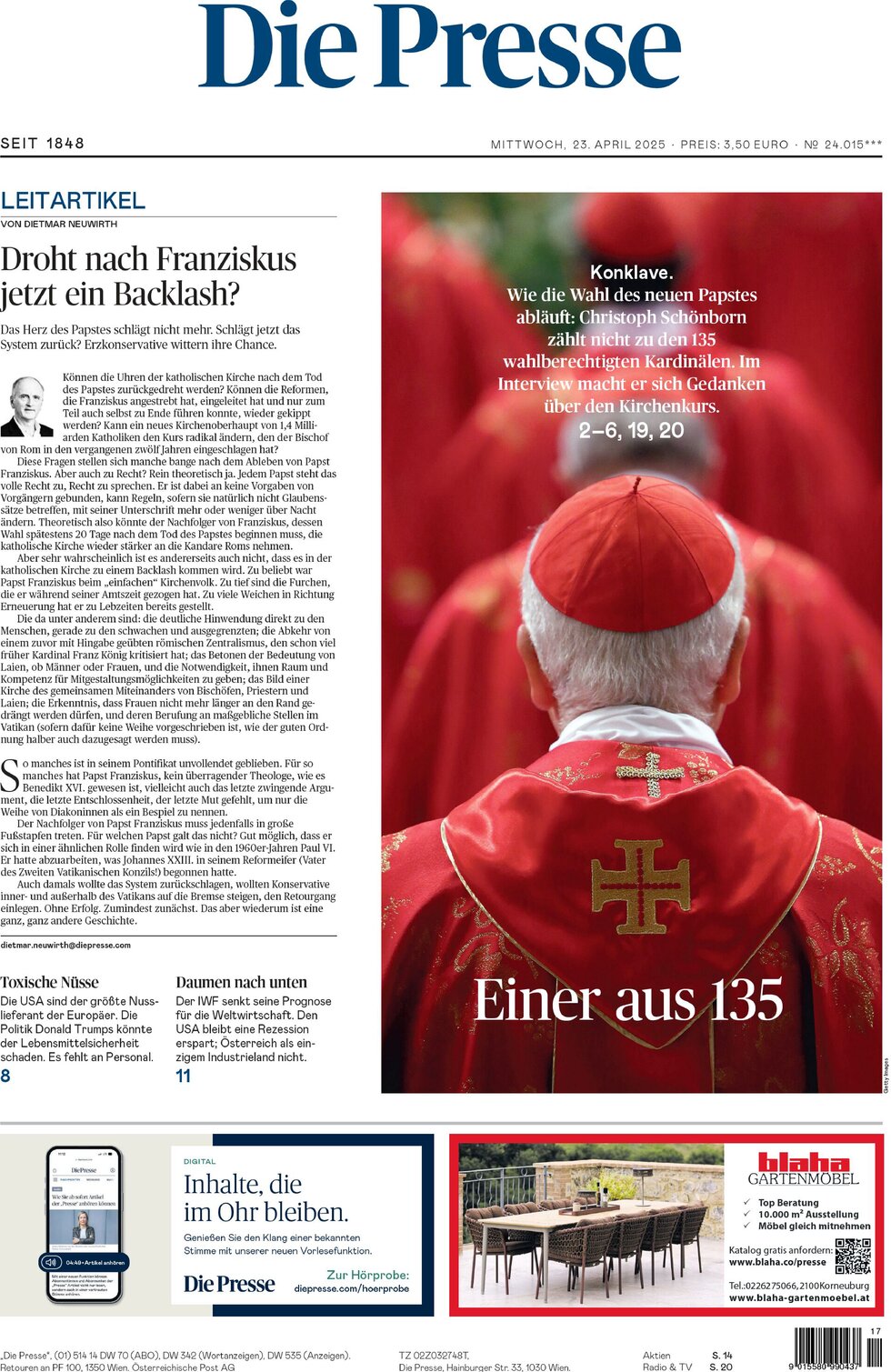 Prima Pagina Die Presse 23/04/2025