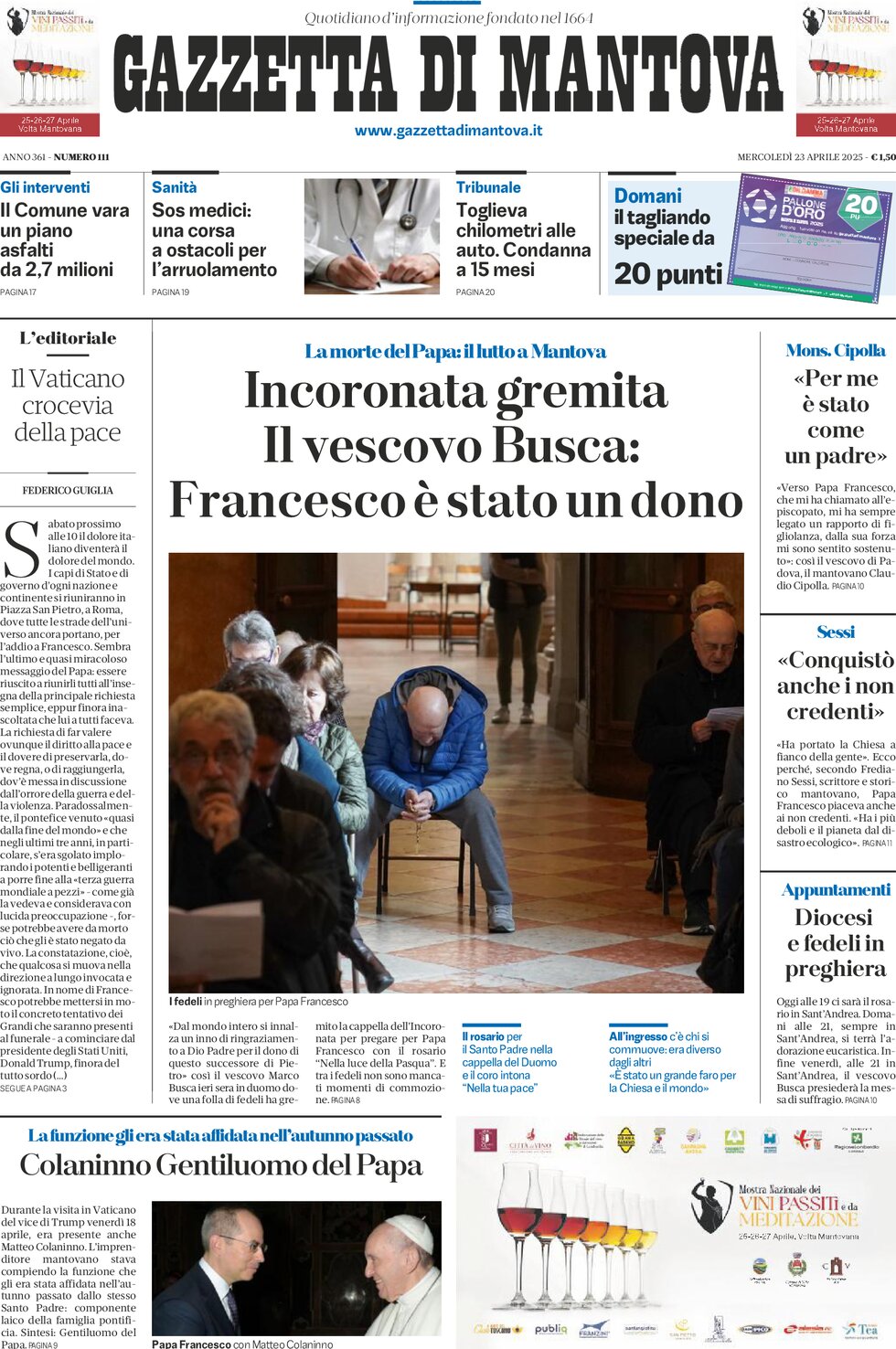 Prima Pagina Gazzetta di Mantova 23/04/2025